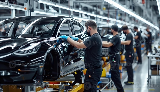 Technicians assembling electric vehicles on a production line